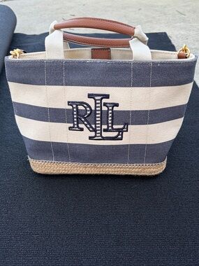 Ralph Lauren Navy & Cream Striped Canvas Tote with RL Monogram
